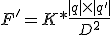 F'=K*\frac{|q| \times |q'|}{D^2}